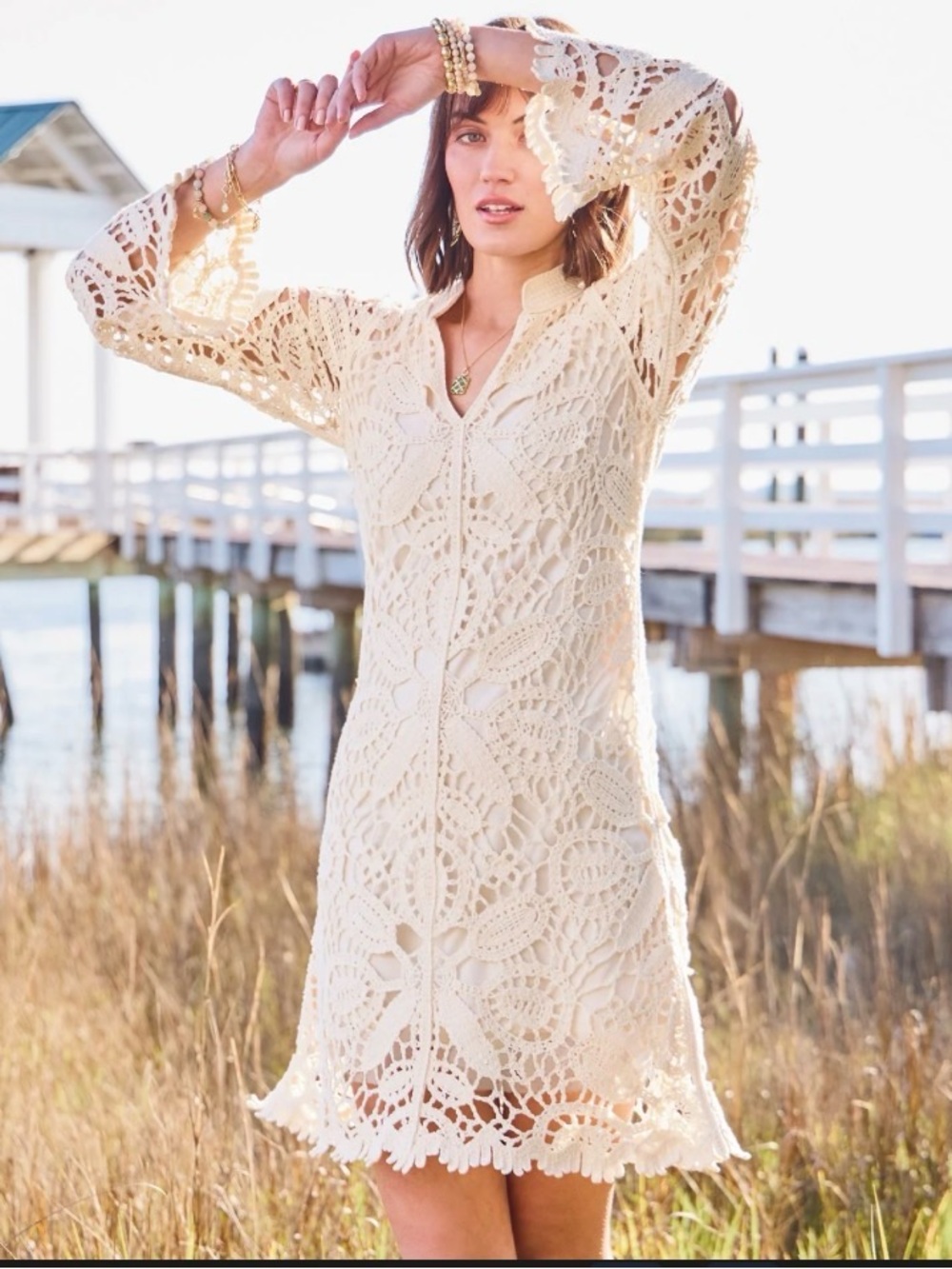 Spartina 449 Cream Crochet V‑Neck Dress